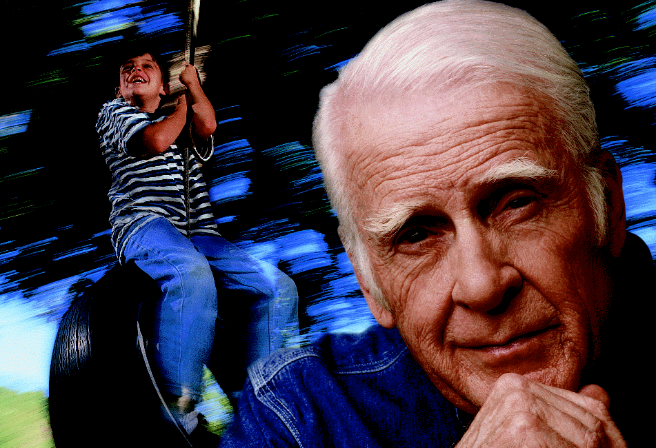 Child on a swing and old man thinking